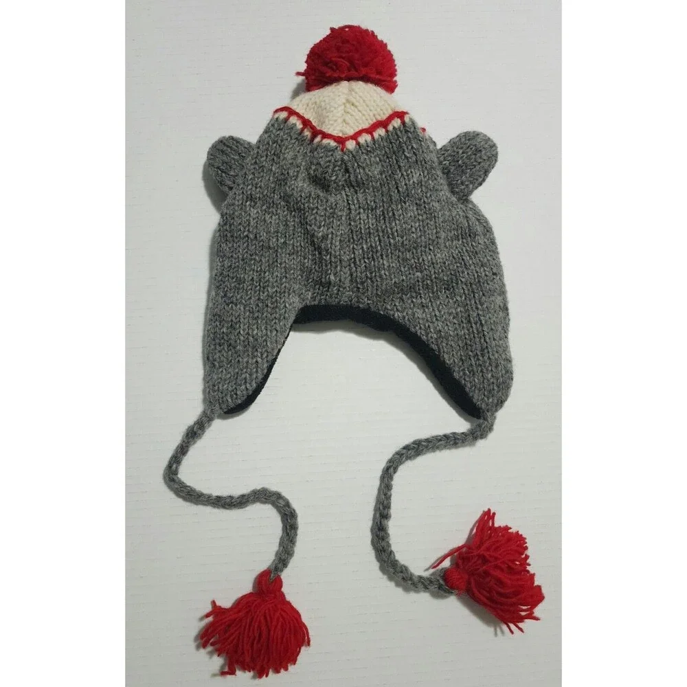 NWT World Market Kids Wool Monkey Hat Gray Red Black White Tassel Lined Earflap
